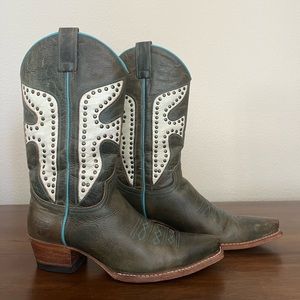 Frye Rare Vintage Daisy Duke Green and White Leather Cowgirl Boots Size 7